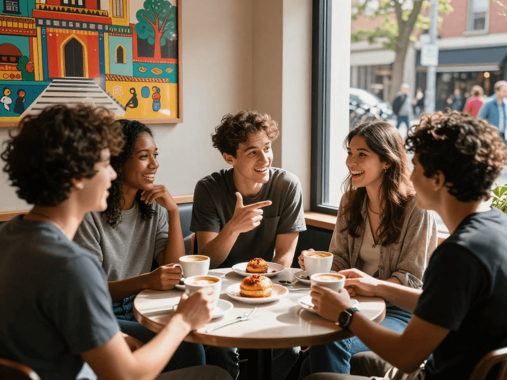 Friends enjoying a spicy chat over coffee in an urban cafe, vibrant social interaction.