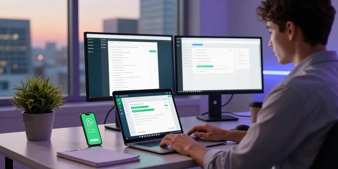 Engaged professional using WhatsApp網頁版 on a laptop in a bright office setup.