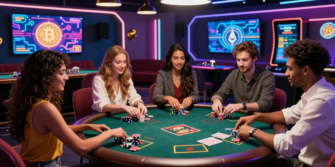 Exciting crypto casino scene with friends playing digital poker amidst colorful cryptocurrency graphics and vibrant neon lights.