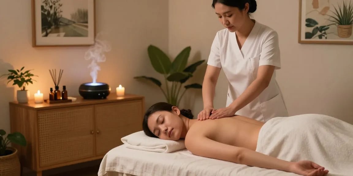 Relaxing massage therapy session showing client receiving 성남출장안마 in tranquil environment.