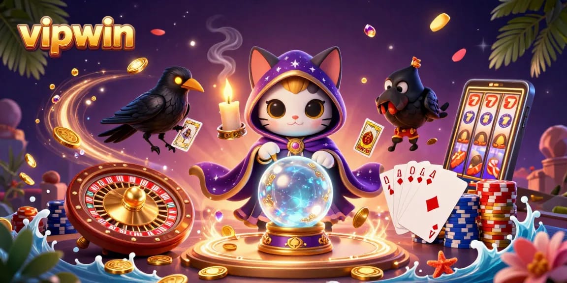Experience the excitement of vipwin with a mystical scene of fortune teller cats and glowing raven in an energetic casino