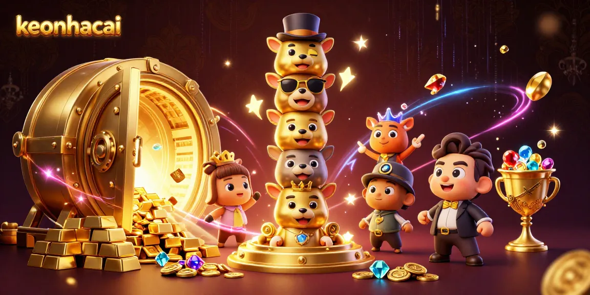 Engage in keonhacai's thrilling casino experience with dynamic treasures and characters in a vibrant 3D illustration.