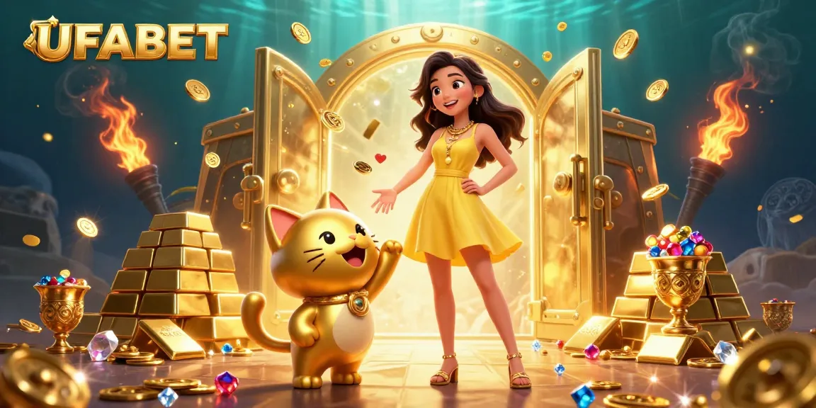 Engage with UFABET's vibrant gaming experience featuring rich visuals of a golden lucky cat and a joyful player.