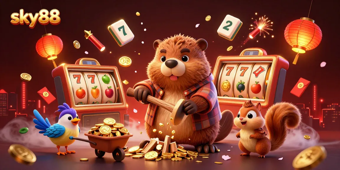 Engage with sky88's thrilling slot experience alongside a beaver and friends collecting golden coins.