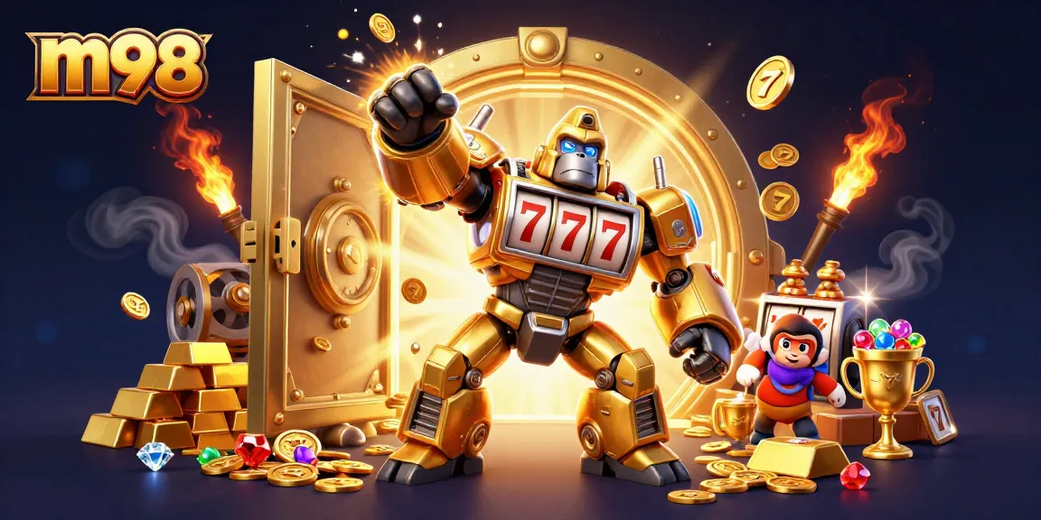 Experience m98 in this vibrant 3D casino scene showcasing golden gorilla mech and slot machine excitement.