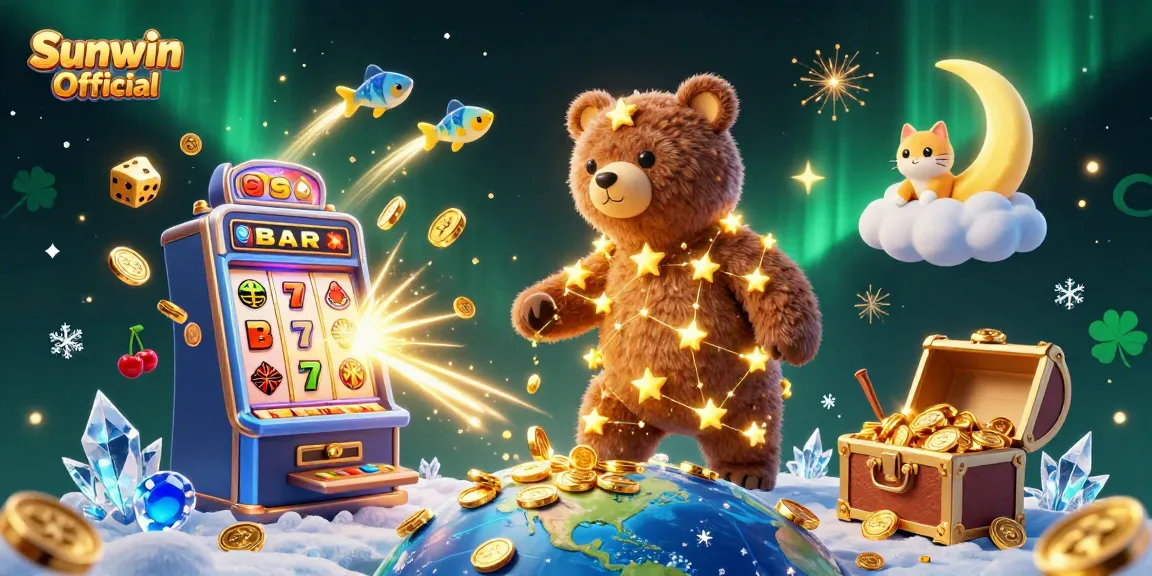 Sunwin Official presents an exhilarating casino experience with golden cosmic characters scooping coins amidst dynamic slot machine action.