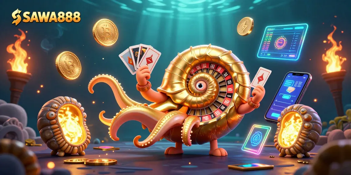 Experience thrilling spins at SAWA888 with a vibrant scene of a giant nautilus roulette surrounded by neon crypto coins.