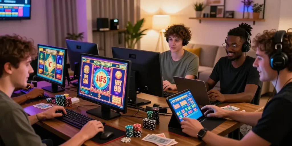 Engaged players enjoying non gamstop casinos on mobile devices with vibrant slot games.