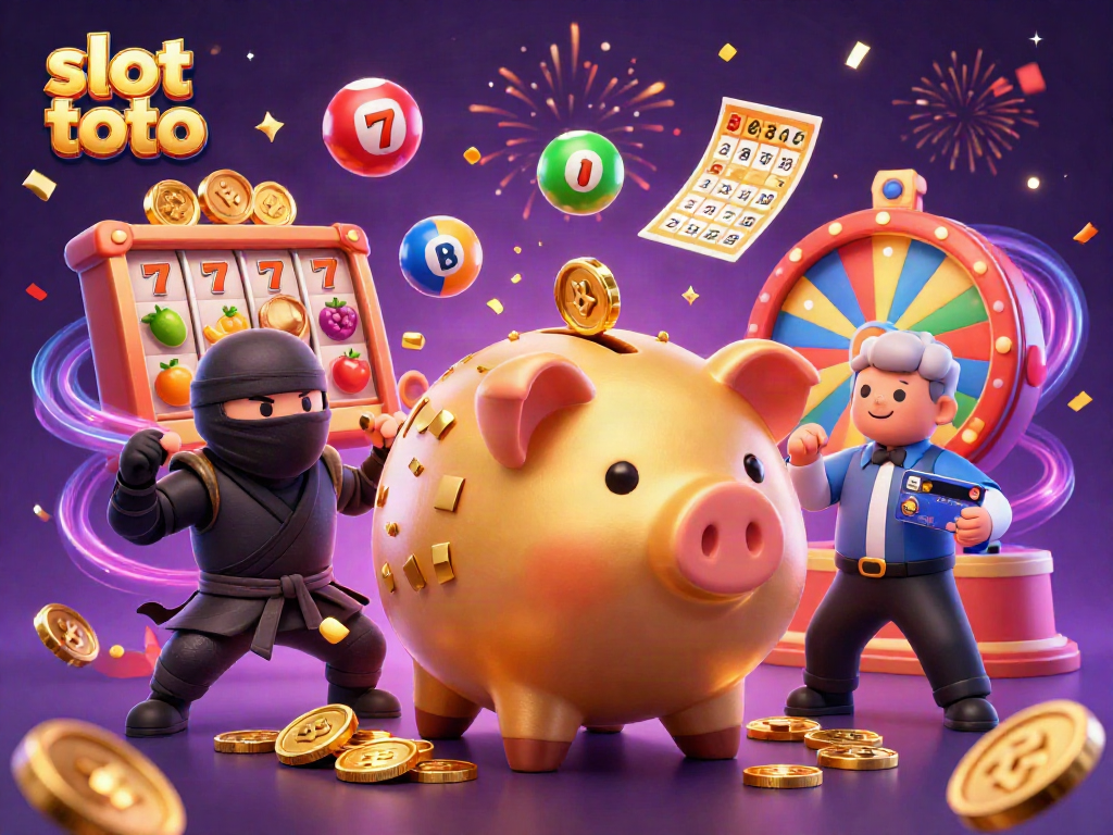 Experience the thrill of 'slot toto' with a dynamic 3D scene featuring a golden piggy bank wrestler surrounded by vibrant symbols and winning elements.
