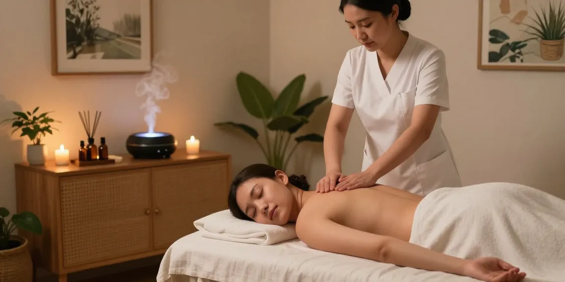 Relaxing massage therapy session showing client receiving 성남출장안마 in tranquil environment.