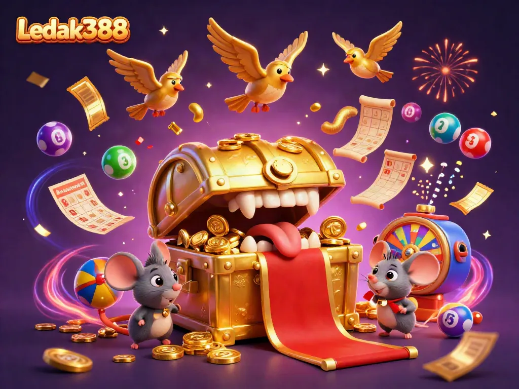 Experience large winnings with Ledak388 through a vibrant casino-themed 3D illustration.