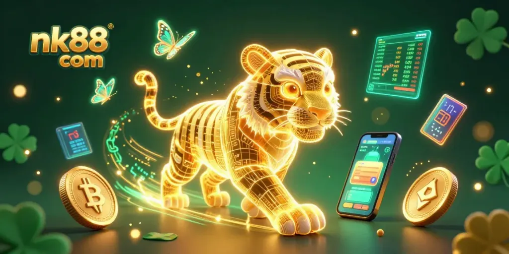 Engage with nk88 com in an exciting 3D casino scene featuring a glowing tiger and digital elements.