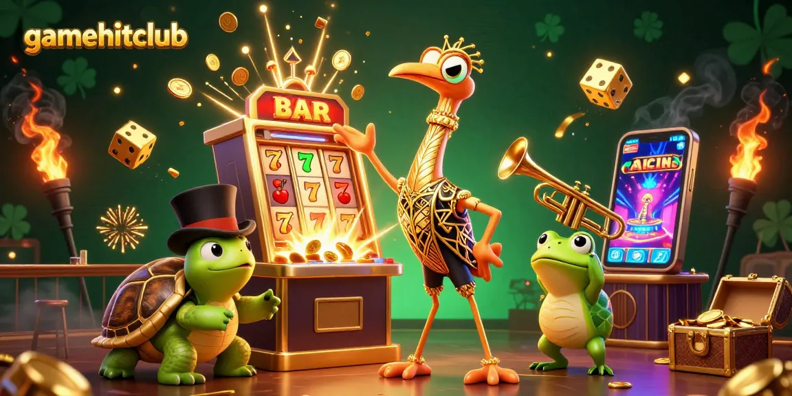 Engage with the vibrant world of gamehitclub featuring a lively 3D casino scene of characters, jackpot excitement, and slot action.