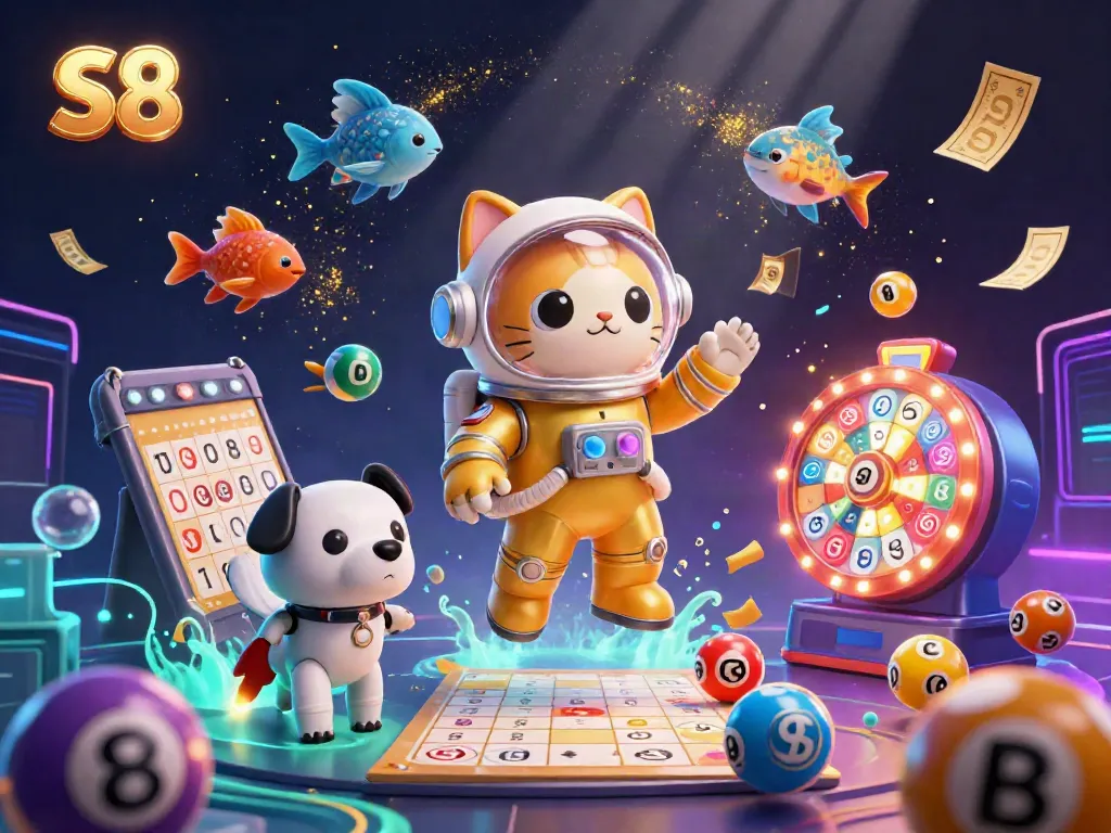 Engage with S8's dynamic lottery scene featuring an astronaut cat and a robot dog amidst vibrant games of chance.