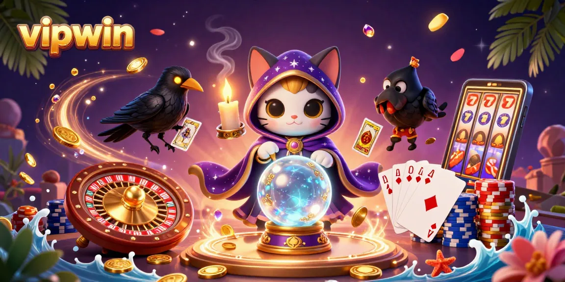 Experience the excitement of vipwin with a mystical scene of fortune teller cats and glowing raven in an energetic casino