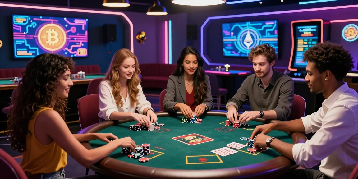 Exciting crypto casino scene with friends playing digital poker amidst colorful cryptocurrency graphics and vibrant neon lights.