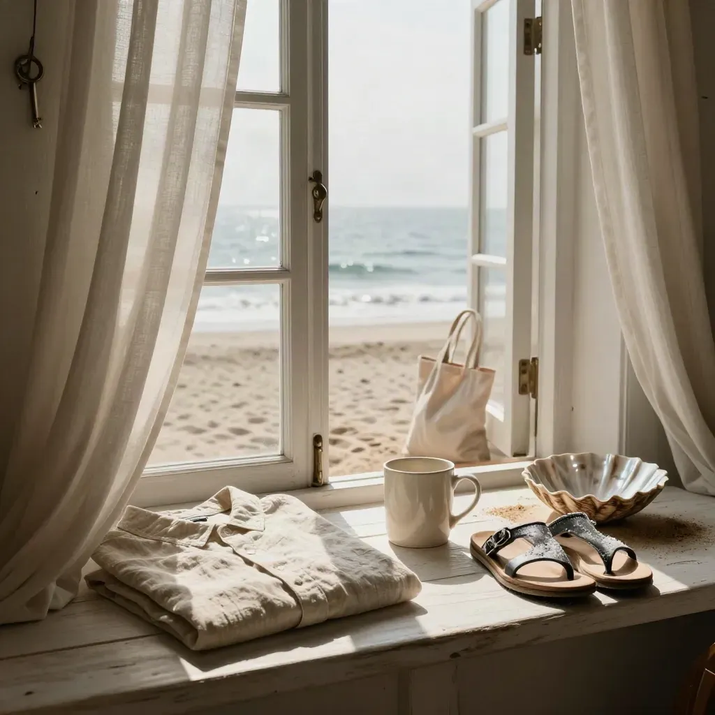 Linen shirt, mug, sandals, shell bowl and tote by an open cottage door to the sea.