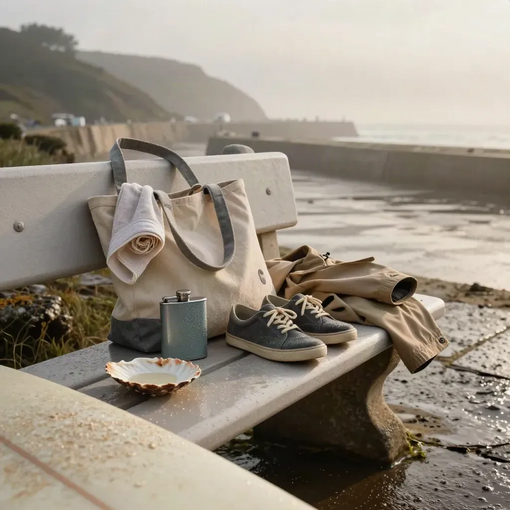 Coastal weekend kit on a harbour bench at dawn with misty sea and surfboard nose.