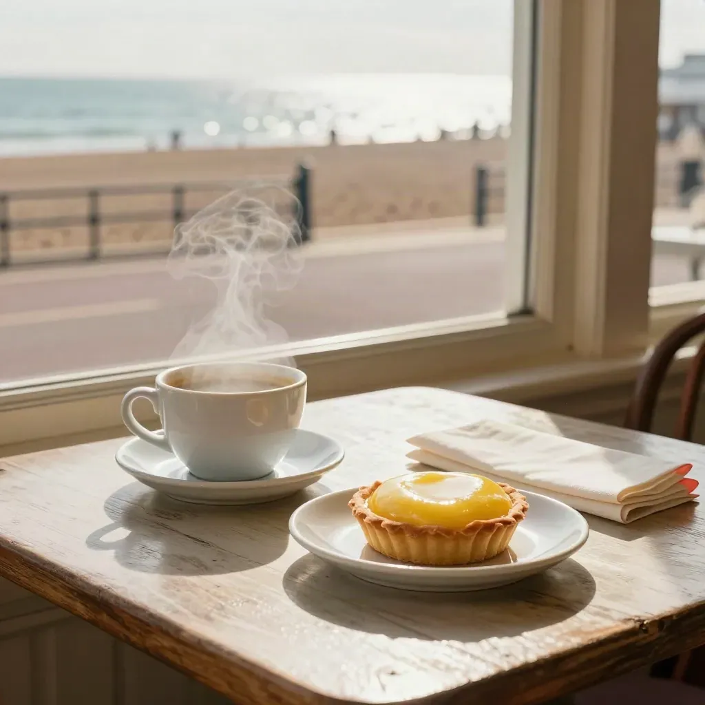 Brighton cafe terrace table with tea, lemon tart, and seaside promenade