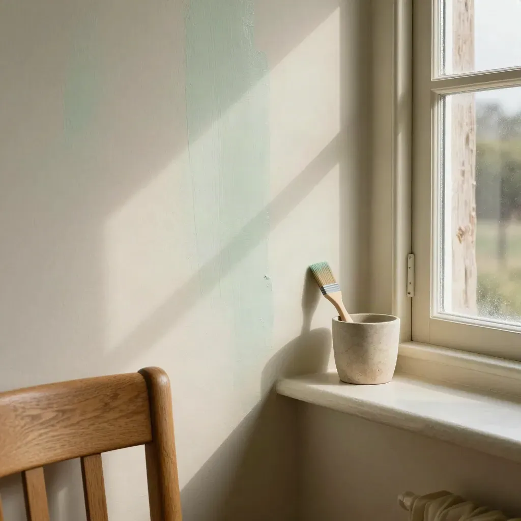 Close seaside room corner with limewashed wall, oak chair, paint pot and open window light.
