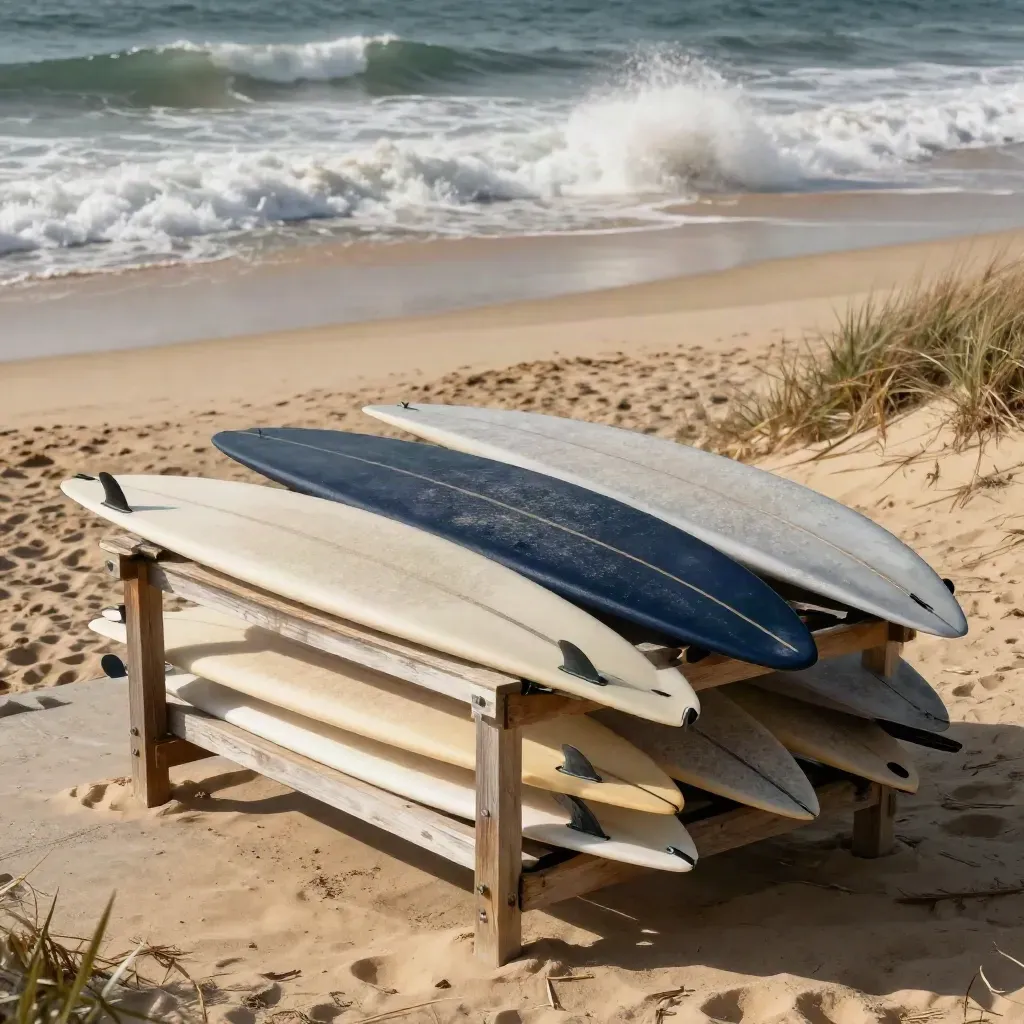Surfboards stacked by a beach rack as a clean wave breaks behind them.