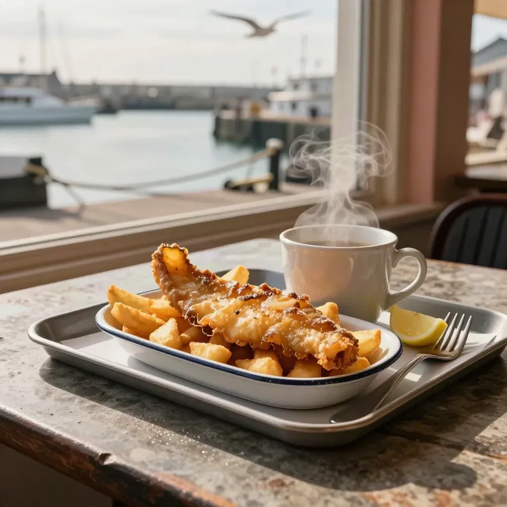 Fish and chips with steam, a ceramic cup and lemon wedge on a harbour café table.