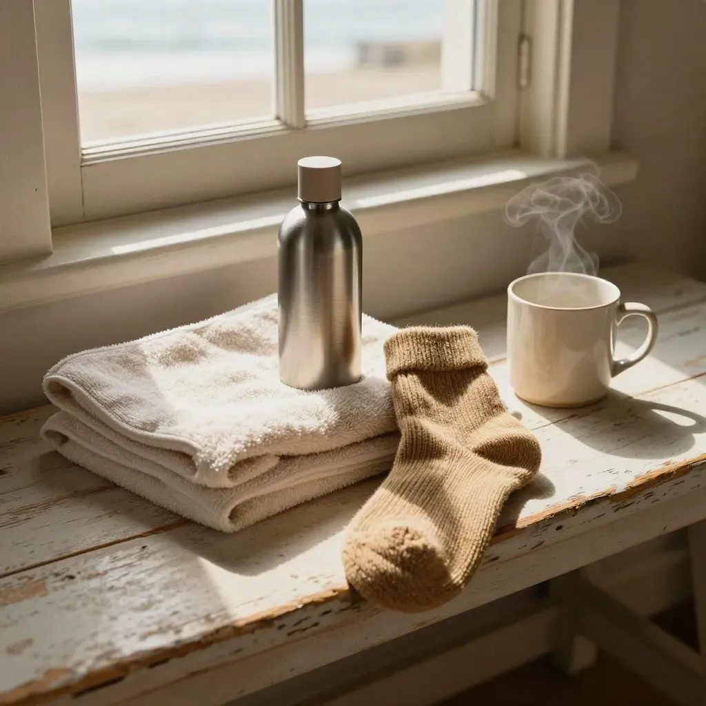 Pre-swim essentials on a sunlit cottage bench with towel, mug, socks and bottle