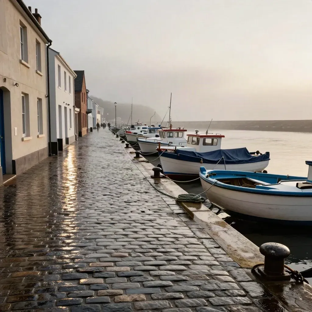 Empty harbour street with wet cobbles, stacked fishing boats, pale terraces, and misty quay light.