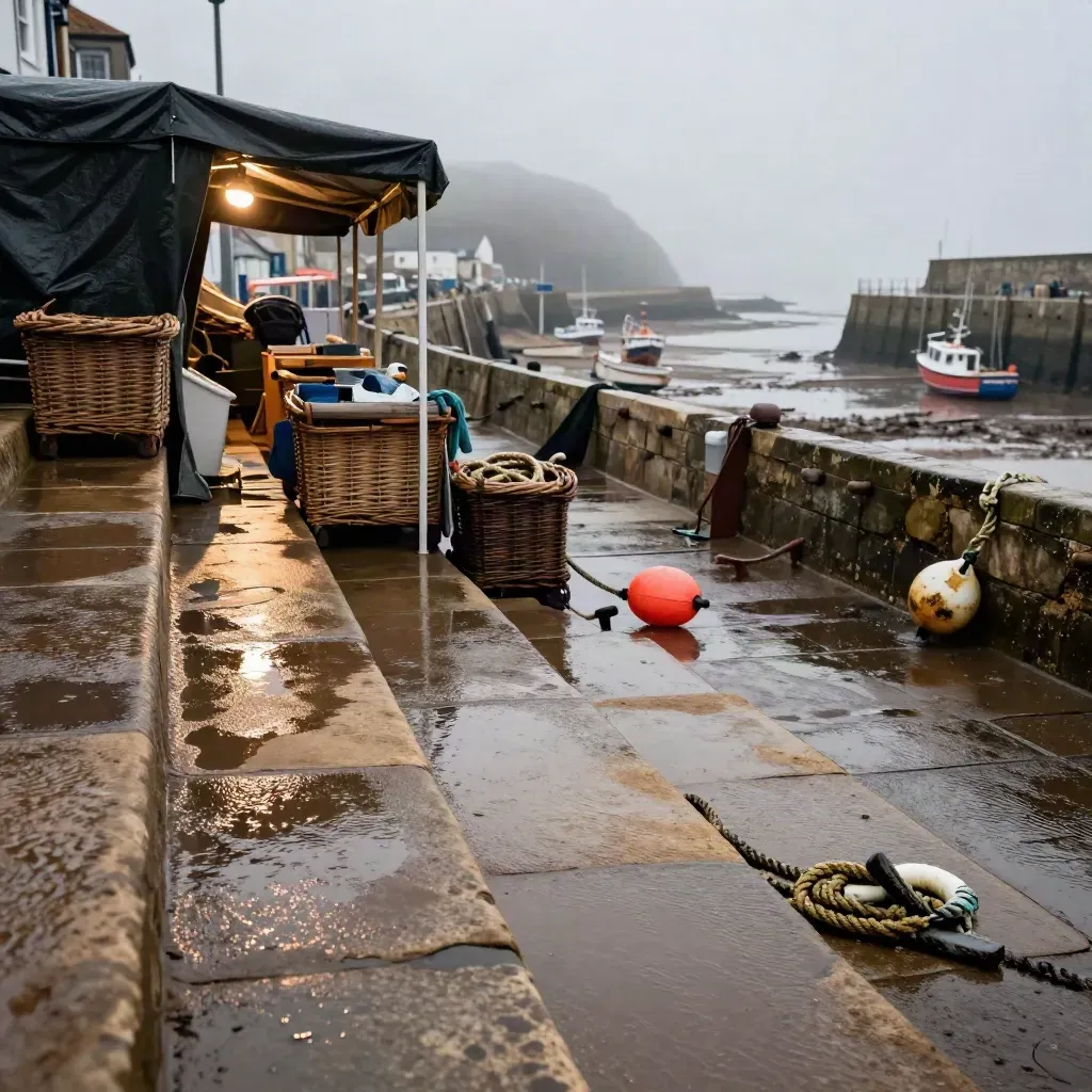 Wet Whitby harbour steps after rain, fish stalls under tarps and boats in mist at low tide.
