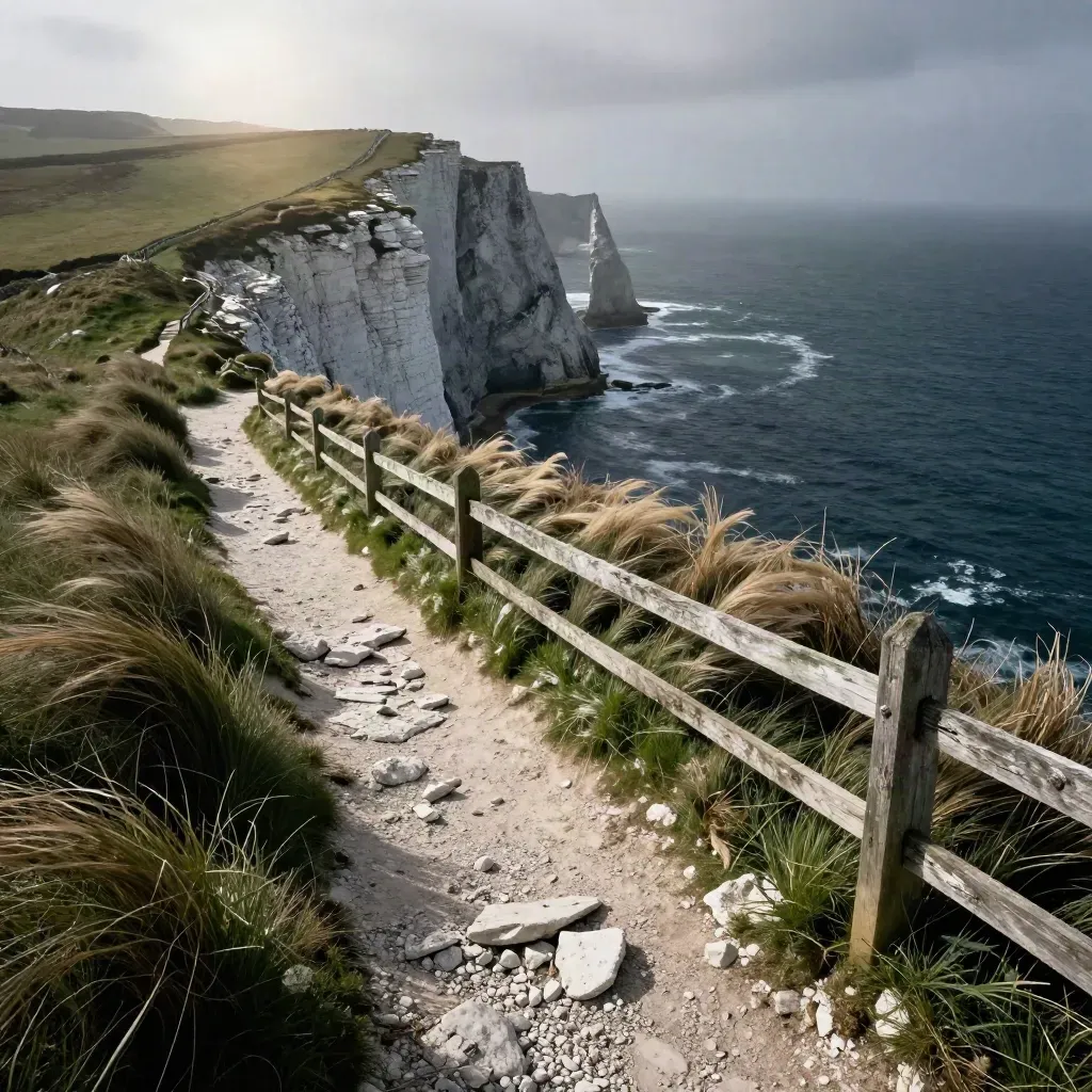 Dorset chalk cliff path with scrub grass, weathered fence and sea below in dramatic light