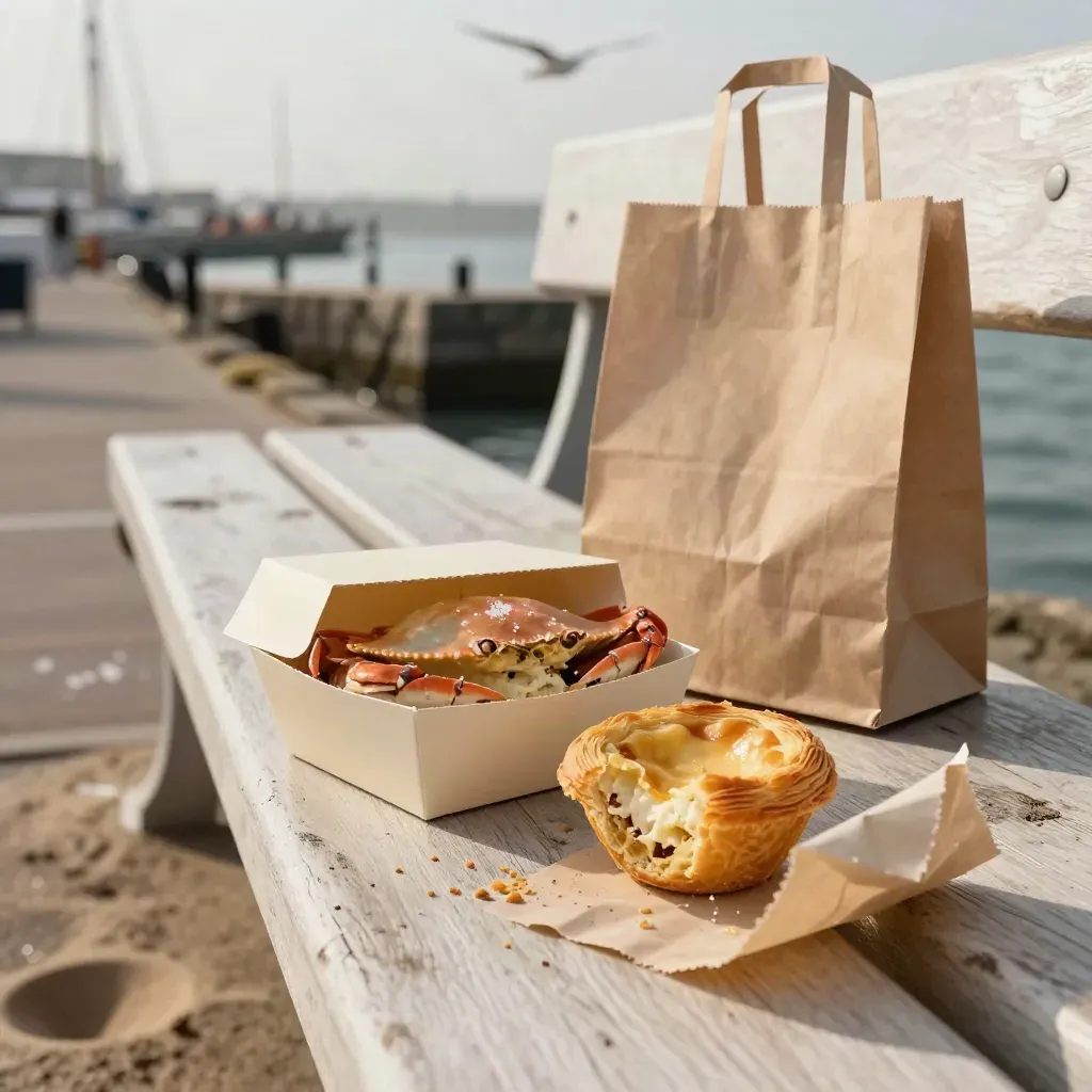 Crab sandwich, pasty and sweet bag on a windy quay bench with blurred harbour and gulls.
