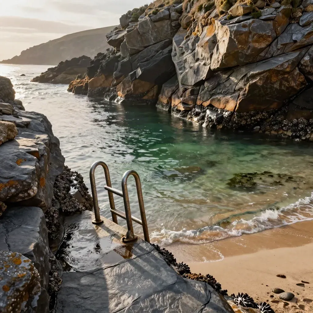 Weathered ladder in a rocky Pembrokeshire cove with glassy green water and a tide pool