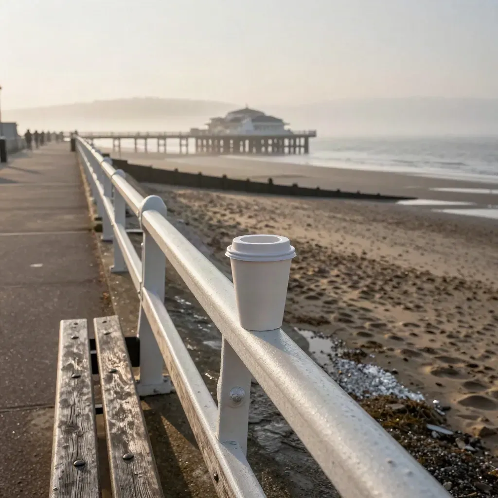 Empty Bournemouth pier at dawn with wet sand and a coffee cup on a bench rail.