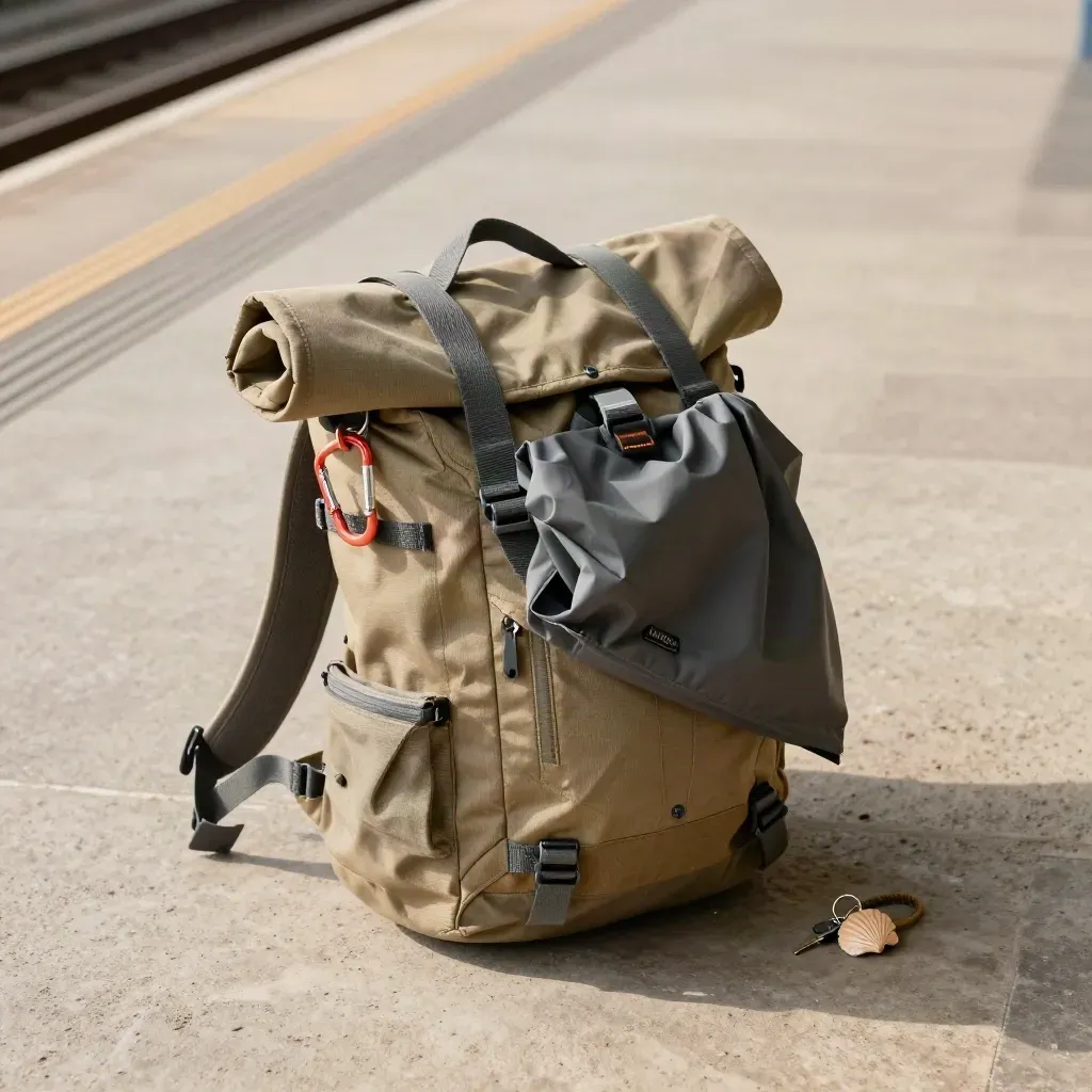 Overhead flatlay of a daypack, carabiner, rain cape and shell key fob on pale stone