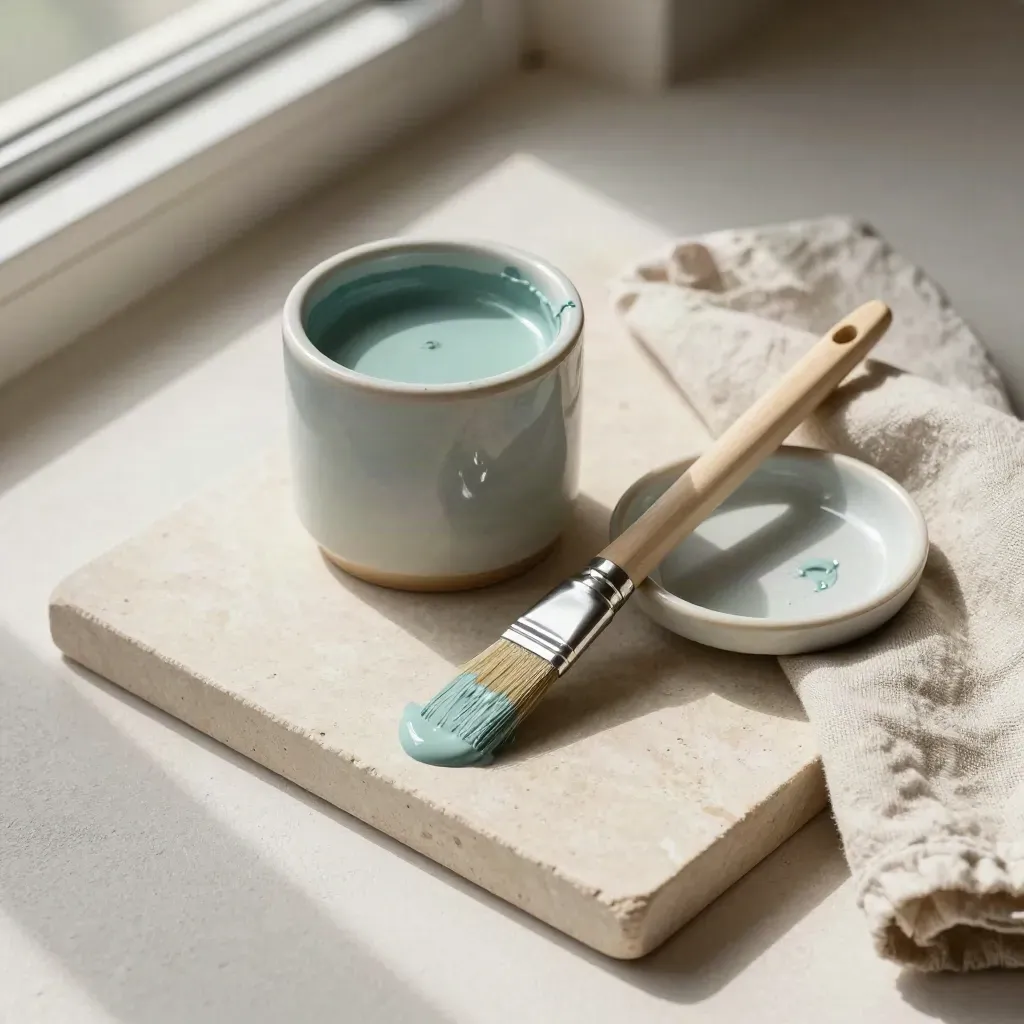 Top-down tray still life with paint sample pot, limewash brush and folded linen cloth.