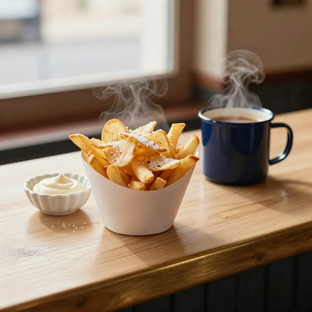 Chip cone, sauce dish, and navy coffee cup on a café counter with steam and window light.