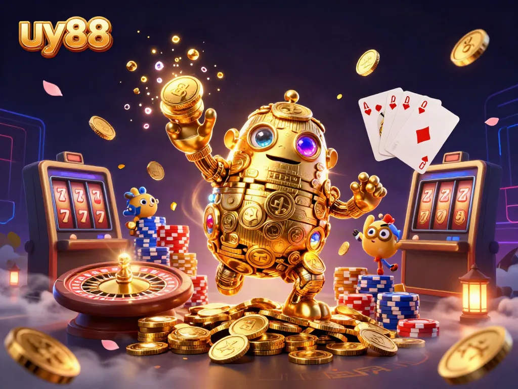 Experience uy88's thrilling environment with a golden golem and vibrant casino elements.