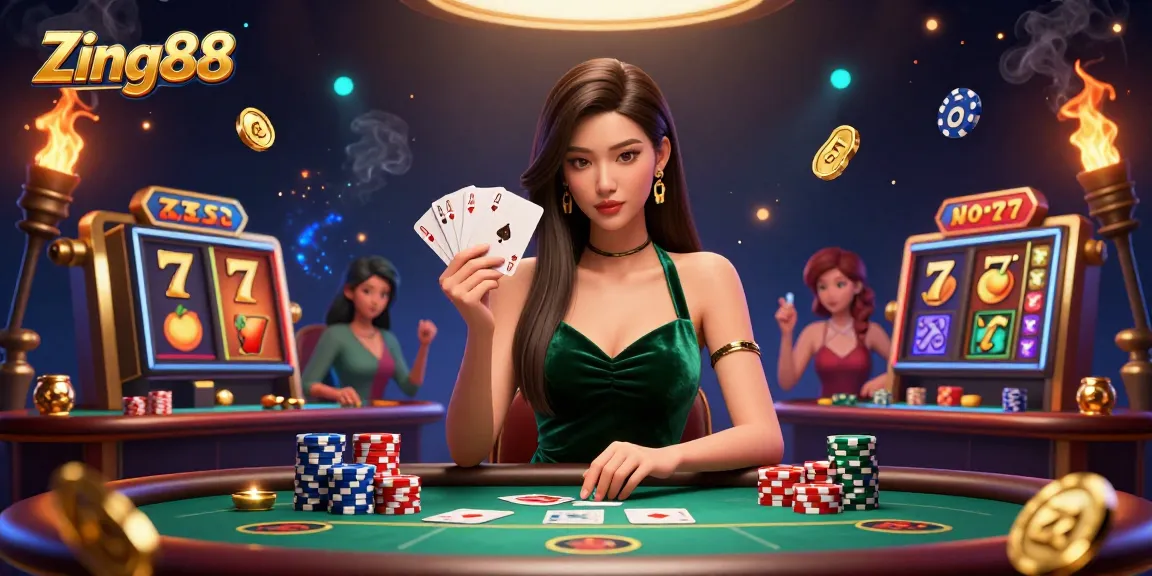 Zing88 offers an exciting poker experience featuring a strategic Asian woman playing cards at a luxury table.