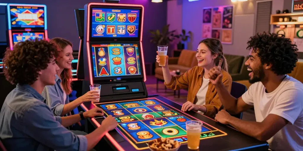 Friends enjoying slots at non gamstop casinos with vibrant atmosphere and lively gaming.