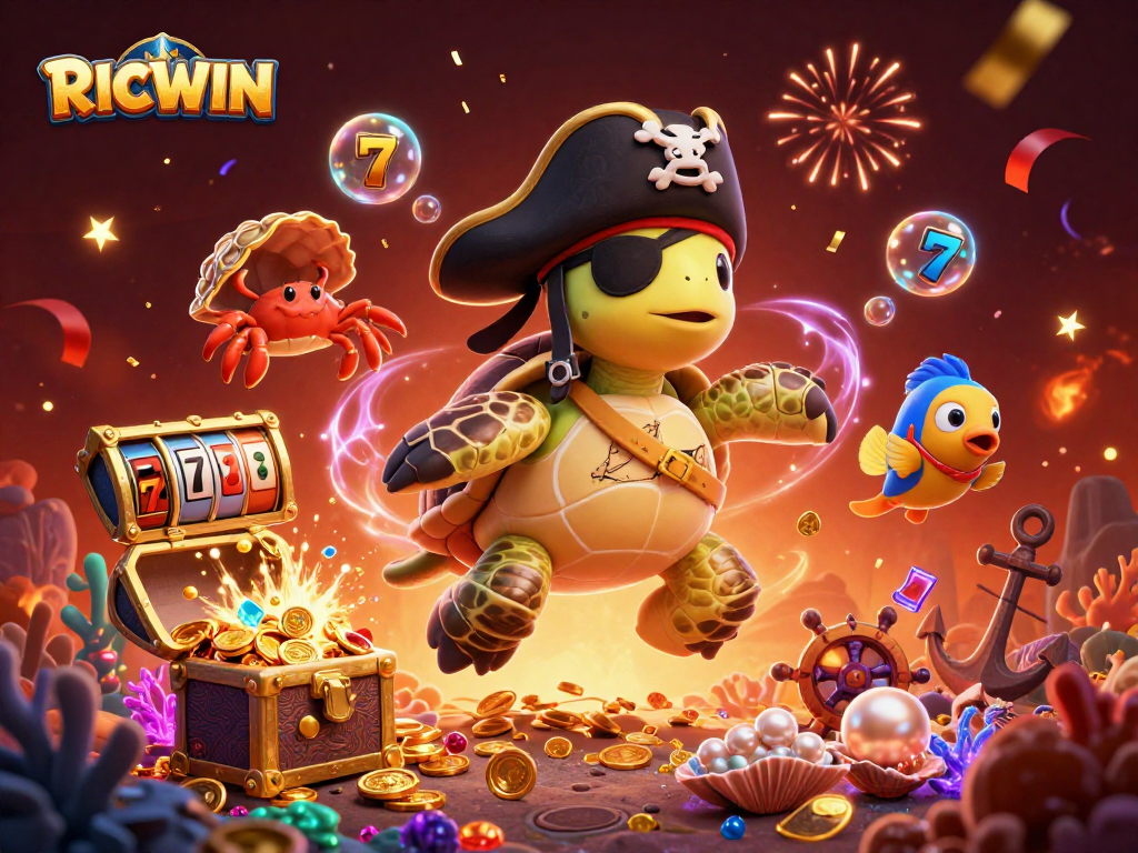 Join the adventure with RICWIN's lively casino scene featuring a pirate turtle and treasures.