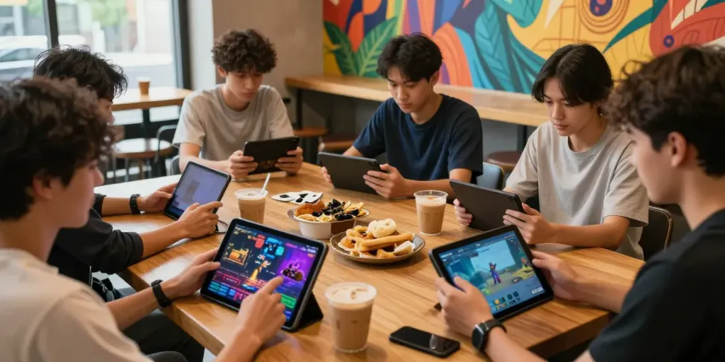 Engaging gaming session at a café featuring http://11bet-app.net/ on mobile screens.