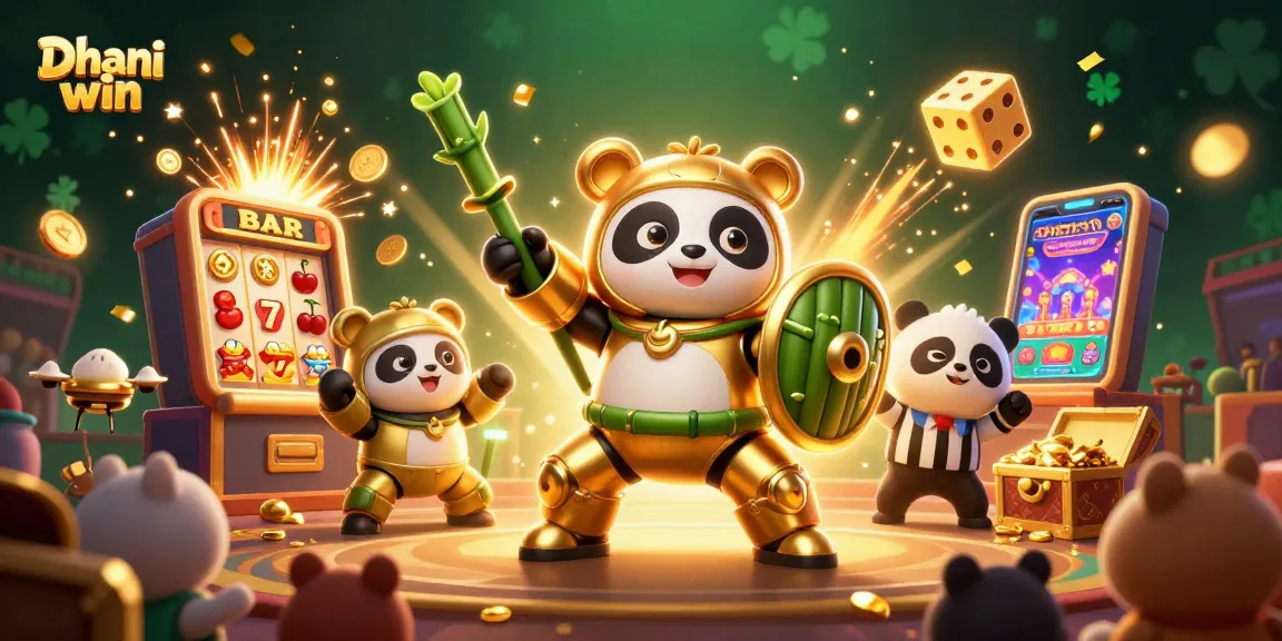 Dhani win offers vibrant casino gaming experiences with a golden panda in action.