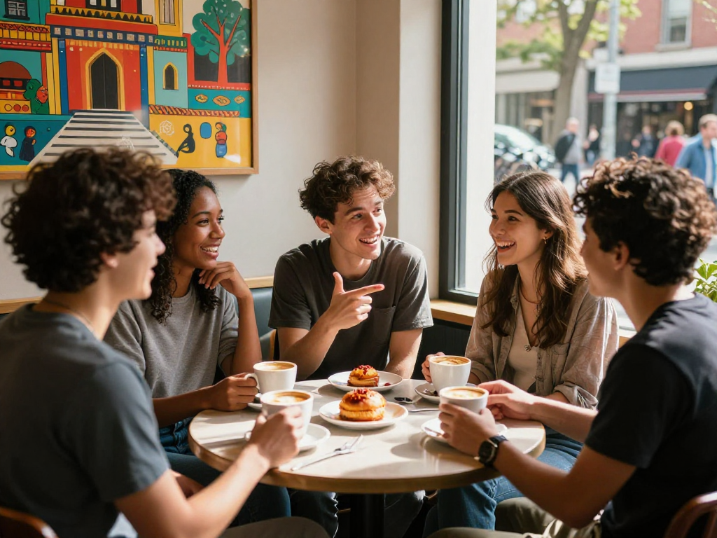 Friends enjoying a spicy chat over coffee in an urban cafe, vibrant social interaction.