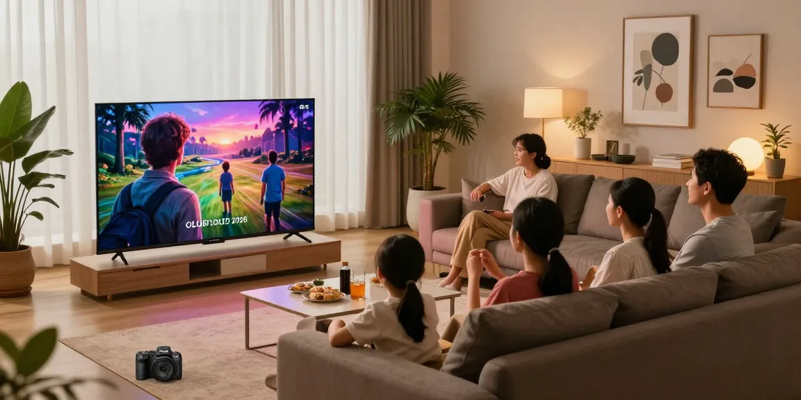 Family enjoying a movie on an OLED TV 2026 in a modern living room, emphasizing advanced home entertainment.
