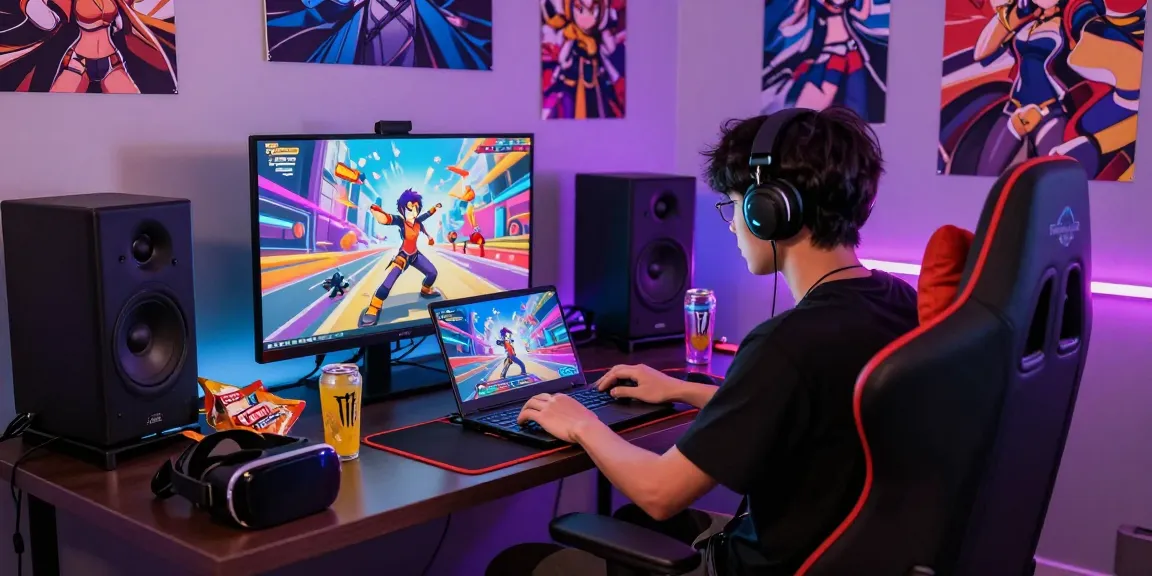 Gamer playing mind control hentai games in a colorful animated setting with snacks and LED lights.