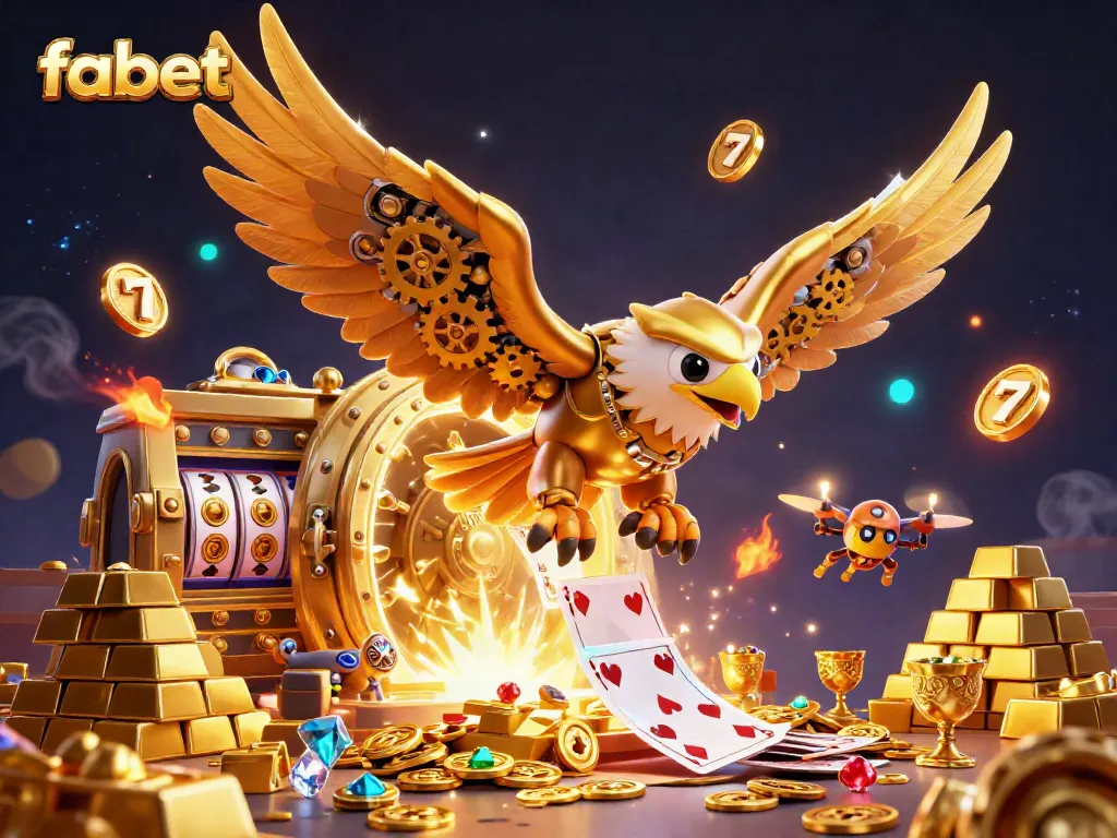 Experience the thrill of fabet with a cybernetic eagle diving through a vibrant casino scene.