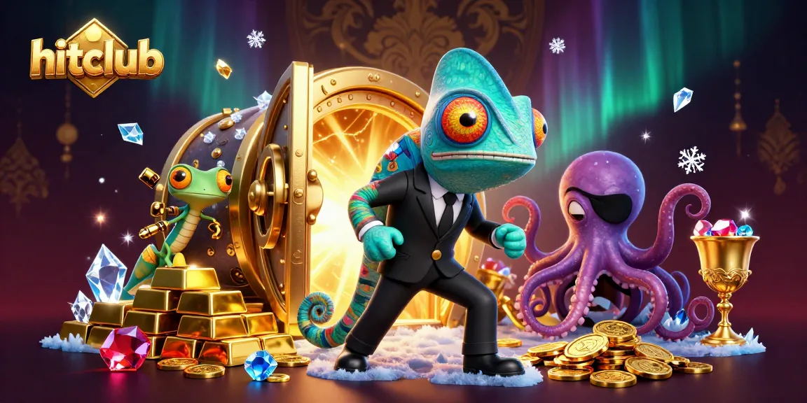 Spin the reels with hitclub's vibrant casino illustration of chameleon agents and treasures.