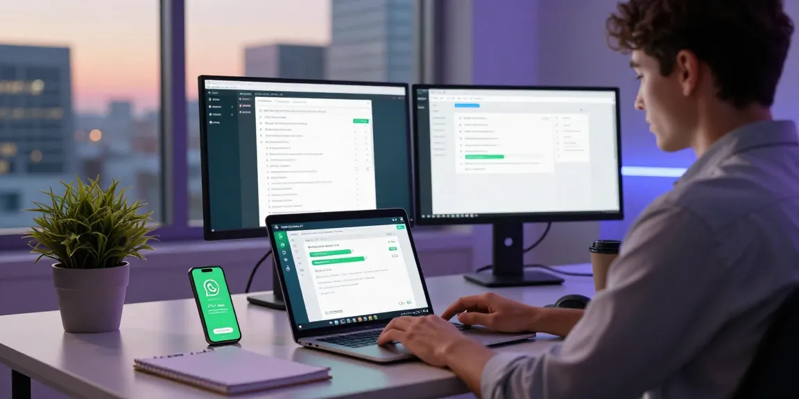 Engaged professional using WhatsApp網頁版 on a laptop in a bright office setup.