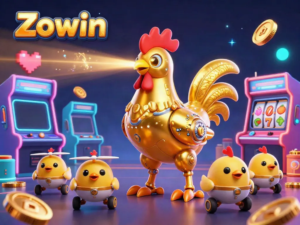 Zowin engages players with a gold-rooster robot amid vibrant arcade and casino elements.