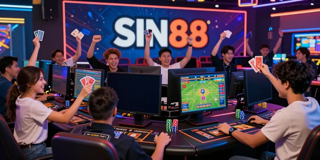 SIN88 online gaming players celebrating wins at a vibrant virtual casino.